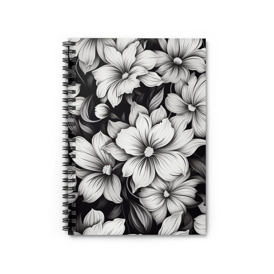 Ruled Line Elegant Black and White Floral Spiral Notebook - Texts and Threads