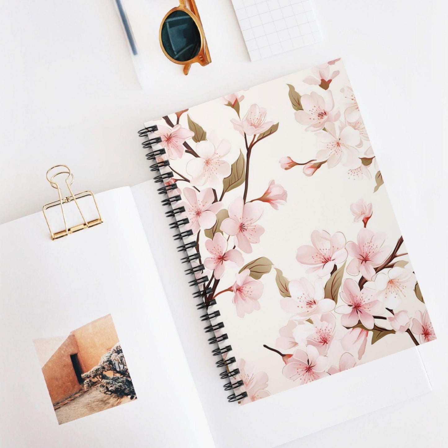 Ruled Line Light Pink Cherry Blossoms Spiral Notebook for Artists - Texts and Threads