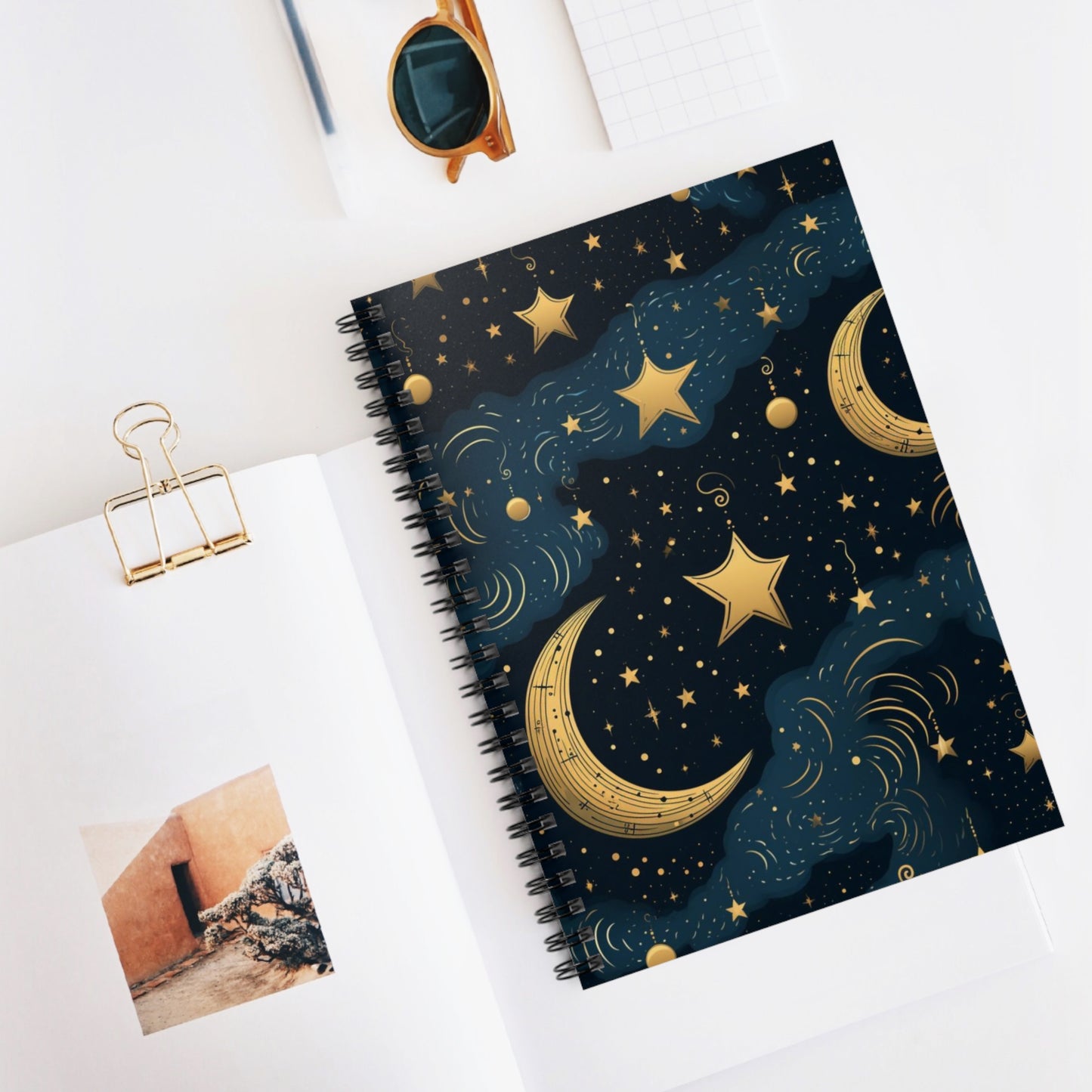 Lunar Elegance: Star and Moon Design Spiral Journal