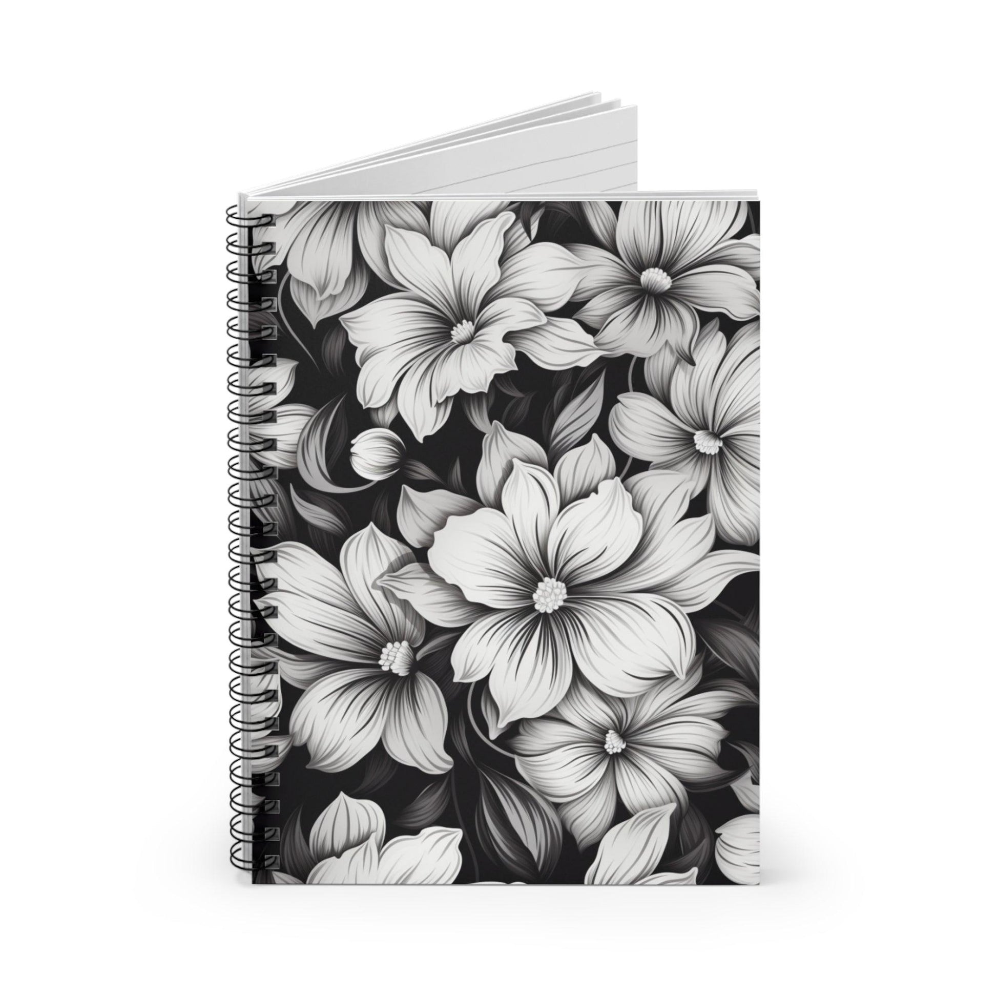 Ruled Line Elegant Black and White Floral Spiral Notebook - Texts and Threads